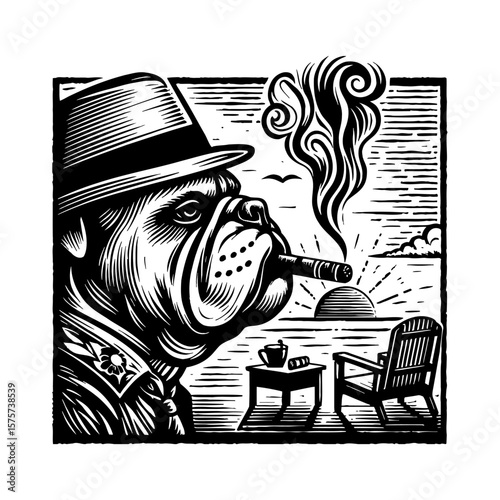 Bulldog in Fedora Hat Smoking Cigar at Sunset Beach Scene with Chair Black and White Outline Line Art Drawing