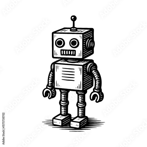 Classic Vintage Toy Robot Black and White Outline Line Art Drawing Engraving Style Isolated Object