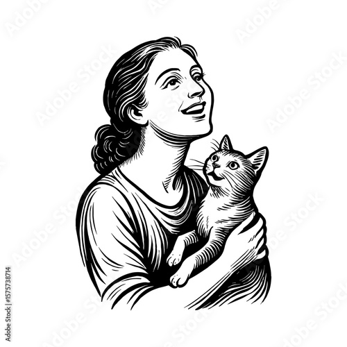 Joyful Woman Embracing and Looking Upwards with Her Cute Cat Black and White Outline Line Art Drawing