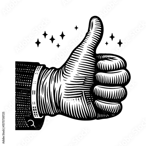 Retro Black and White Outline Line Art Drawing of a Positive Thumbs Up Hand Gesture with Sparkles