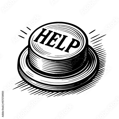 Black and White Outline Line Art Drawing of a Vintage Style Help Button Engraving Requesting Aid