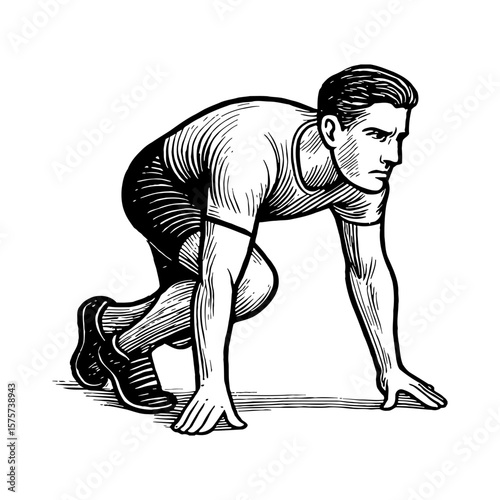 Male Runner in Starting Block Position Ready to Sprint Black and White Outline Line Art Drawing