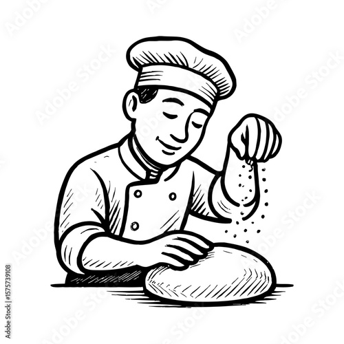 Professional Smiling Chef Preparing Dough Sprinkling Ingredients in a Vintage Black and White Outline Line Art Drawing