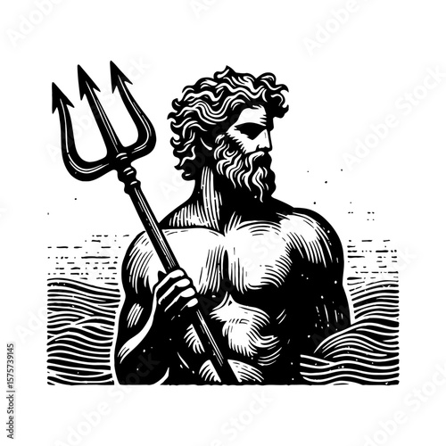 Powerful Ancient Greek God Poseidon Holding Trident Emerging from Water Black and White Outline Line Art Drawing