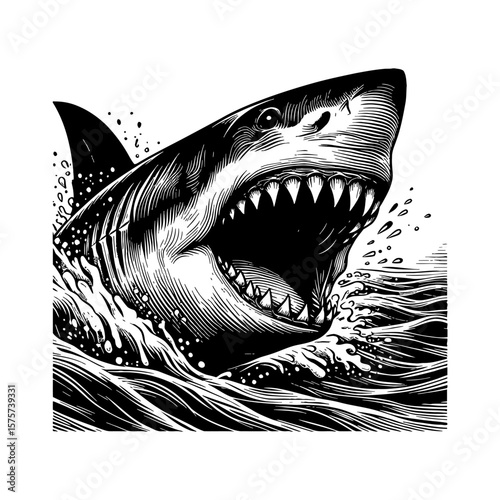Powerful Great White Shark Jaws Open Jumping Out of Rough Ocean Water Black and White Outline Line Art Drawing