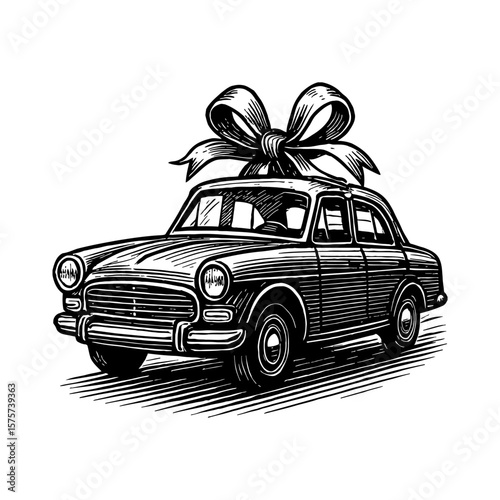 Classic Vintage Car with Large Gift Bow on Roof Black and White Outline Line Art Drawing Etching Style