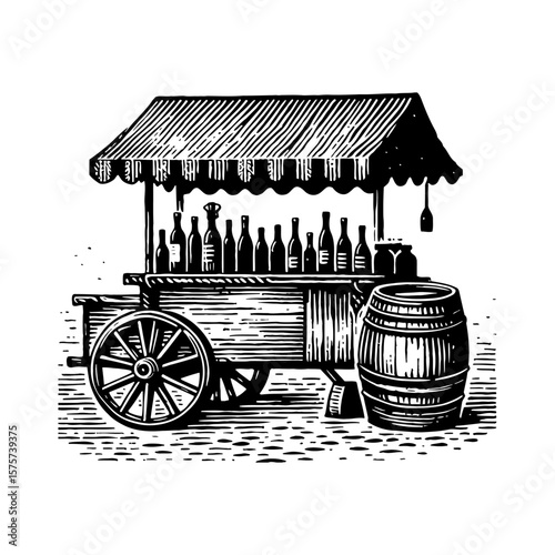 Retro Styled Market Vendor Cart with Beverage Bottles and Barrel Black and White Outline Line Art Drawing