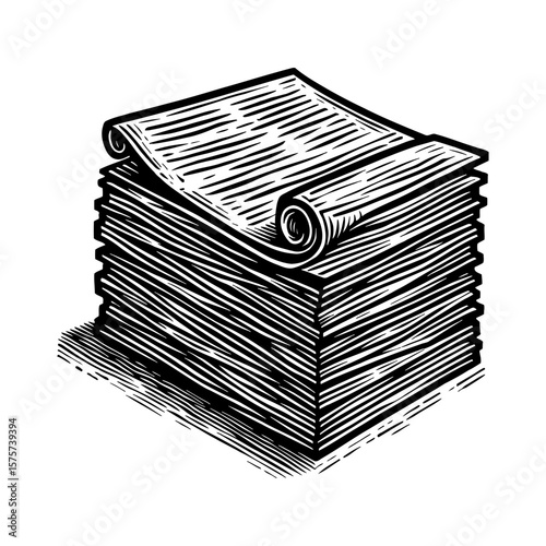 Stack of Paper Documents with Rolled Sheet Black and White Outline Line Art Drawing Vintage Style
