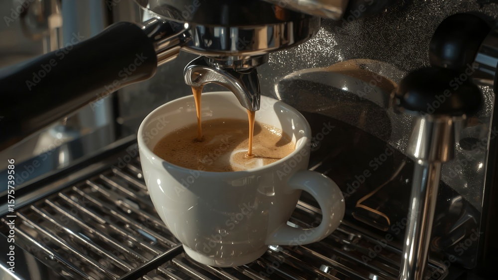 Stainless steel coffee maker pouring hot espresso with rich crema and steam.
Stainless steel coffee maker pouring hot espresso with rich crema and steam.
