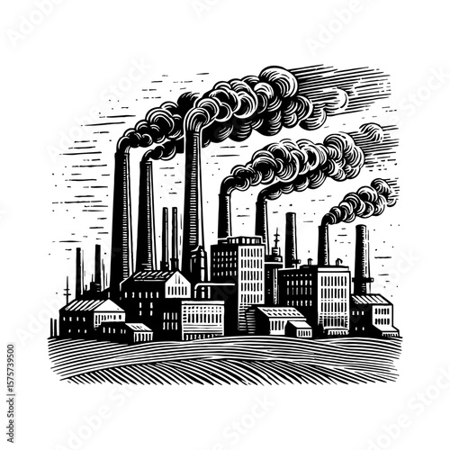 Industrial Factory Plant with Smoking Chimneys Black and White Outline Line Art Drawing Production