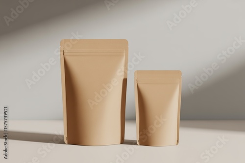 Two blank kraft paper stand up pouches with resealable zipper on a neutral background