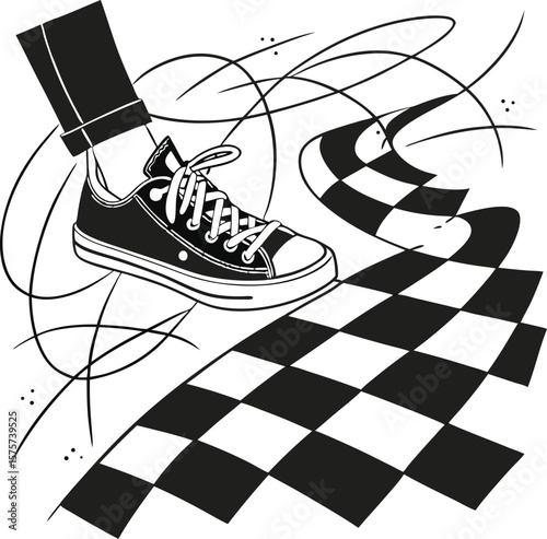 Here's a concise description combining your elements:

A black and white chess board vector illustration featuring skate boots and winter sport footwear designs