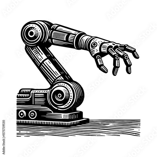 Industrial Robotic Arm with Hand Reaching Out Vintage Style Black and White Outline Line Art Drawing Technology