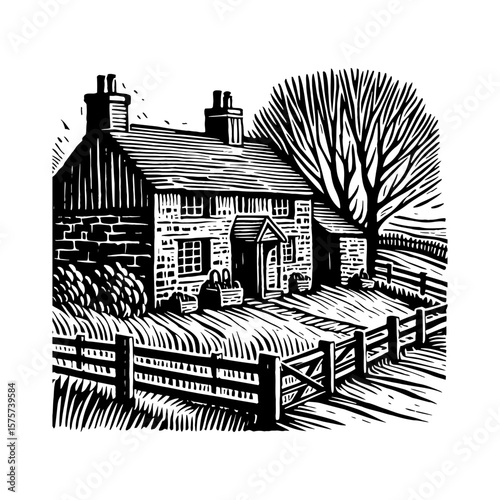 Black and White Outline Line Art Drawing of a Rural Cottage House with Tree and Fence Countryside View