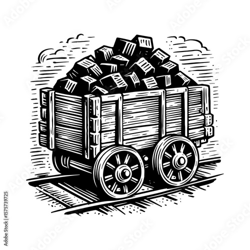 Vintage Mining Cart Full of Coal on Tracks Black and White Outline Line Art Drawing Industrial Object
