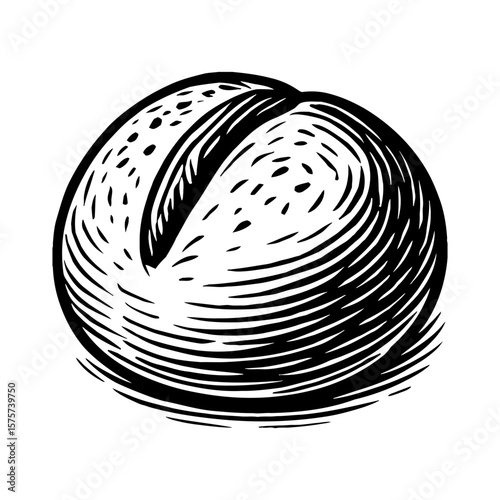 Rustic Sourdough Bread Loaf Black and White Outline Line Art Drawing Engraving Style Vintage Isolated Food