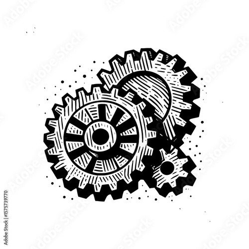 Industrial Cogwheels Gear System Black and White Outline Line Art Drawing Mechanical Gears Machine Parts Concept