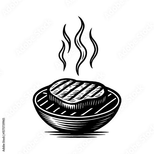 Delicious Hot Grilled Steak on Barbecue Grill with Rising Steam Black and White Outline Line Art Drawing
