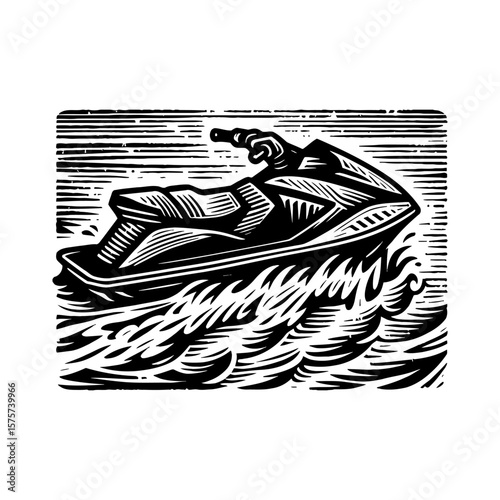 Personal Watercraft Moving Fast on Water in Monochrome Black and White Outline Line Art Drawing