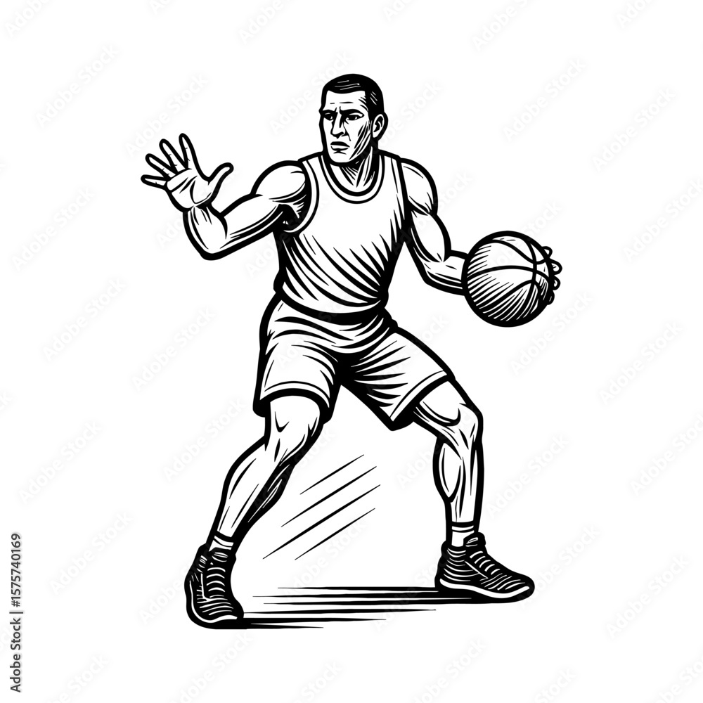 Fototapeta premium Vigorous Basketball Player Dribbling Ball in Offensive Stance Black and White Outline Line Art Drawing Illustration