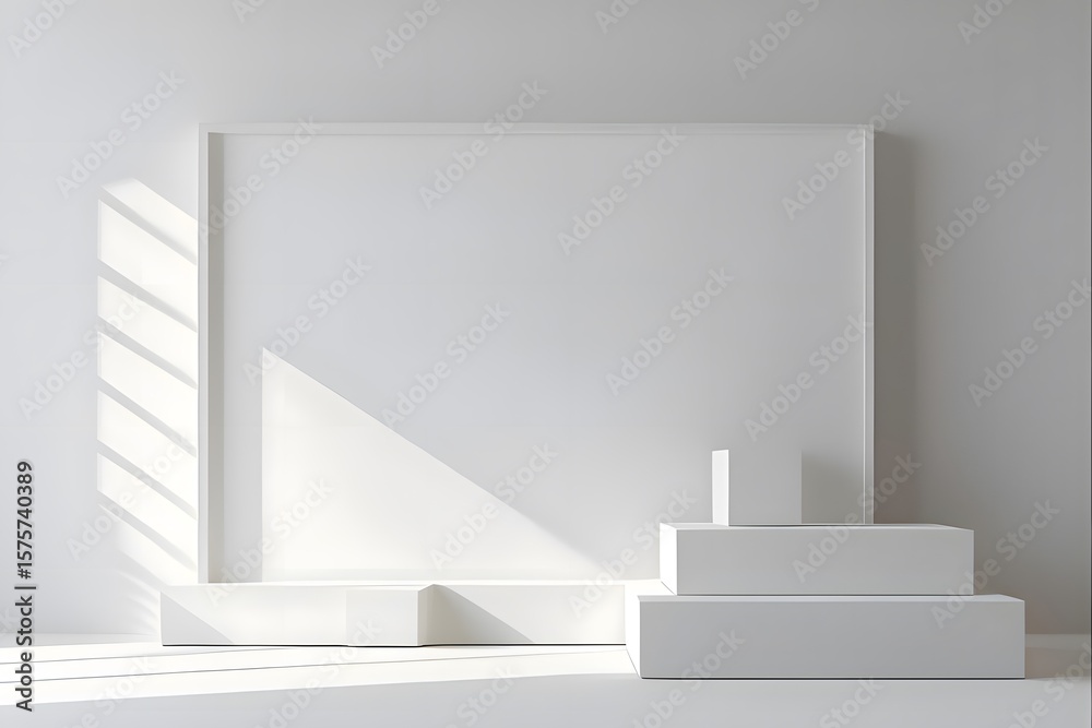 Obraz premium Minimalist White Geometric Shapes and Sunlight Shadows Photography