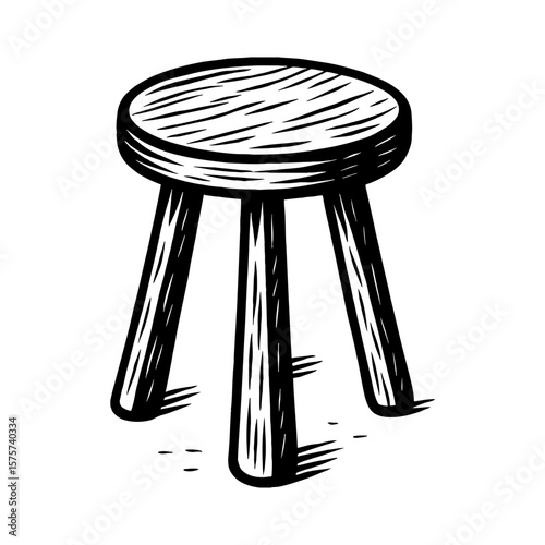 Wooden Stool Three Legged Side View Black and White Outline Line Art Drawing Vintage Style