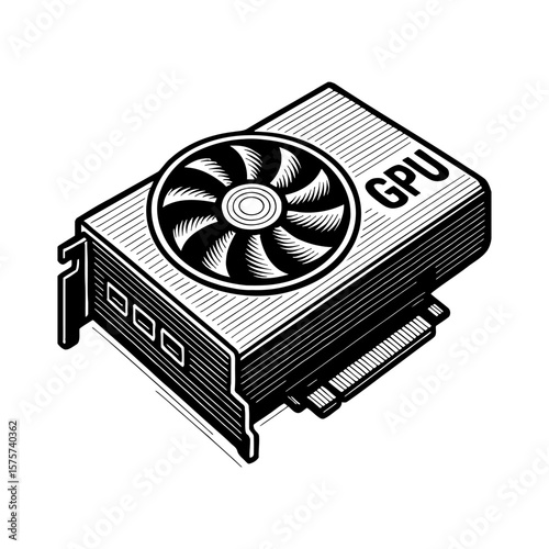 Isometric GPU Graphics Processing Unit Computer Hardware Component Black and White Outline Line Art Drawing