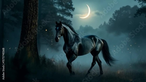 A black horse stands in a field at night under a crescent moon in a dreamy landscape scene animal video