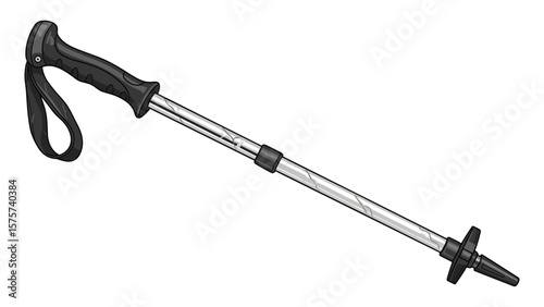 Single trekking pole illustration, adventure gear for hiking and nordic walking activities, isolated