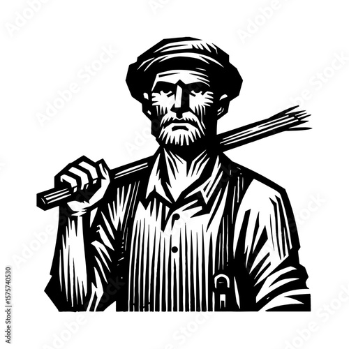 Vintage Style Man with Beard Hat Holding Staff Bundle Over Shoulder Black and White Outline Line Art Drawing