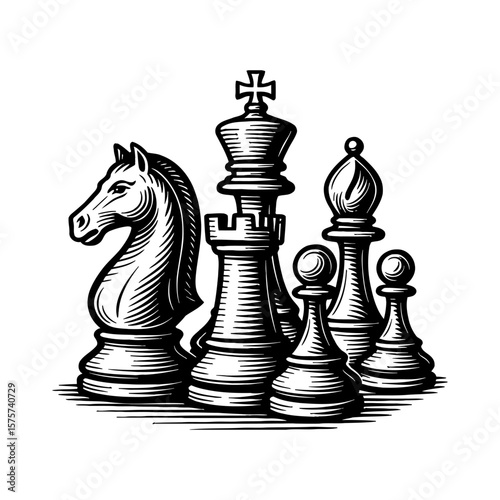 Classic Chess Pieces Collection Knight King Rook Bishop Pawns Black and White Outline Line Art Drawing Vector Isolated Object