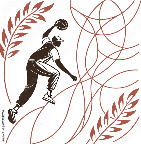 Here's a single sentence for naming and describing the image:

Dynamic vector illustration of a female basketball player silhouette in action, perfect for sport and competition designs
