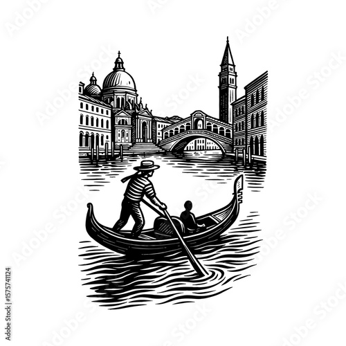 Venetian Gondolier Rowing Gondola on Canal with Historic Buildings Bridge Black and White Outline Line Art Drawing