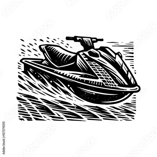 Thrilling Personal Watercraft Jet Ski Riding Through Water Side View Black and White Outline Line Art Drawing
