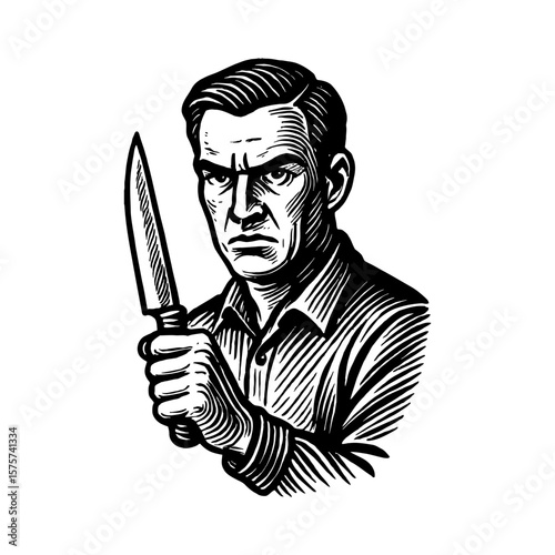 Angry Man Holding Knife with Menacing Expression in Vintage Black and White Outline Line Art Drawing