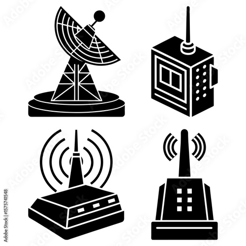 Illustration of communication devices including a satellite dish, radio transmitter and wifi router
