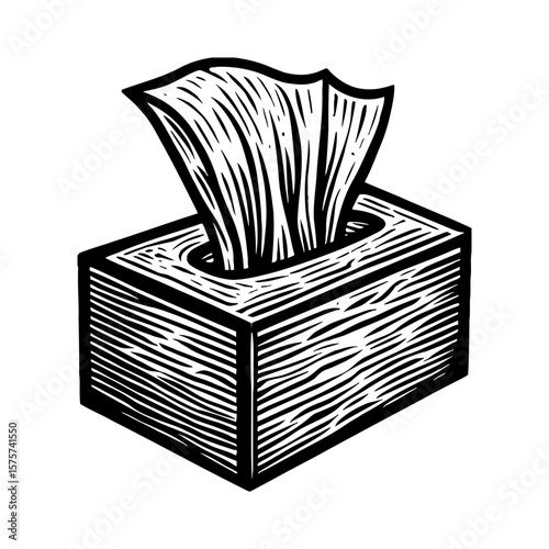 Classic Woodcut Style Facial Tissues Box Dispenser Black and White Outline Line Art Drawing Graphic