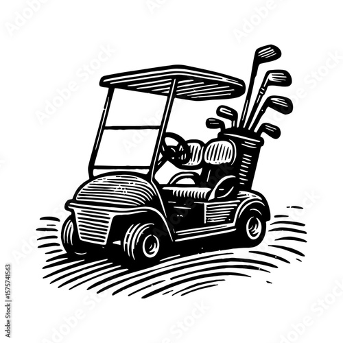 Classic Golf Cart with Clubs Bag Black and White Outline Line Art Drawing Vintage Engraving Style Isolated Object