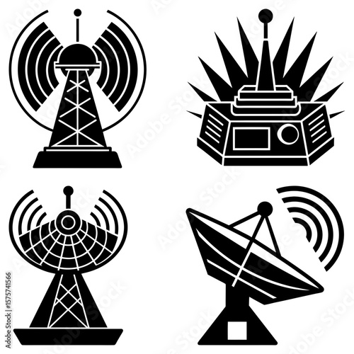 Illustration of four communication towers and satellite dishes in black and white silhouette style