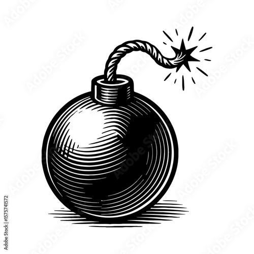 Classic Round Bomb with Lit Fuse and Spark Black and White Outline Line Art Drawing Vintage Engraving Style