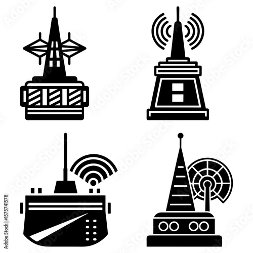 Illustration showing four different types of communication towers and antennas in black and white style