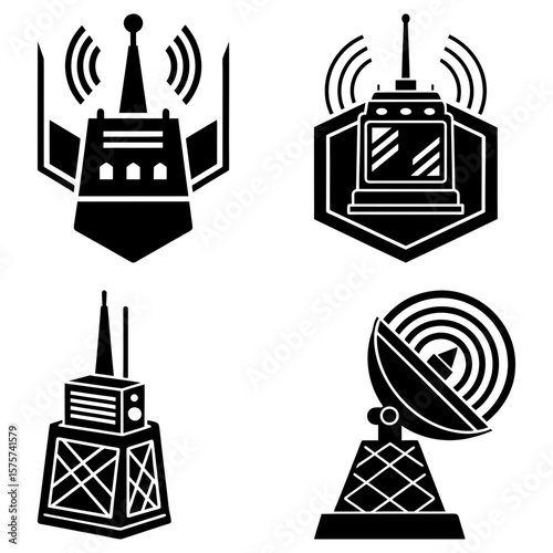 Illustration showing four different communication towers and satellite dishes in black and white style