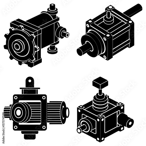 Illustration of four different mechanical gearboxes with various designs and configurations in black and white