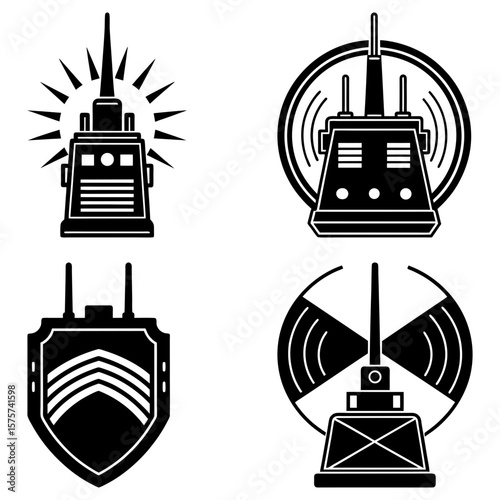 Illustration of four different black and white radio communication devices with varying antenna designs
