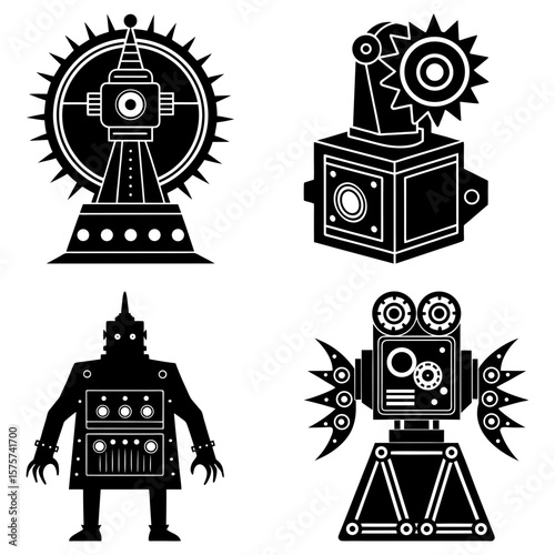 Four steampunk style robots in black and white with different designs and mechanical details shown