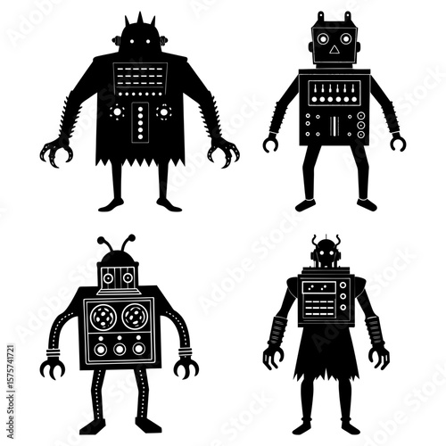 Illustration of four black and white robots with different designs and shapes on a white background