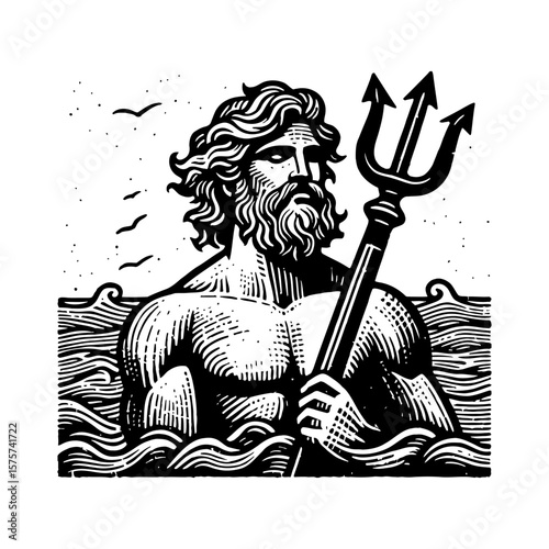 Powerful Poseidon Neptune Greek Roman God Holding Trident in Rough Sea Vintage Black and White Outline Line Art Drawing