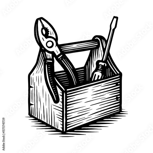 Old Vintage Wooden Toolbox with Pliers and Screwdriver Inside Black and White Outline Line Art Drawing