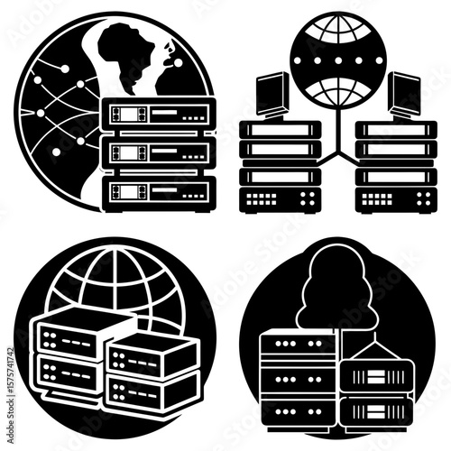 Four black and white vector icons depicting server racks connected to globes and computer monitors in circles