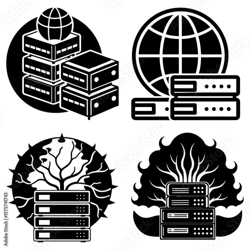 Four server icons with globes and trees in black and white representing data storage and networking tech